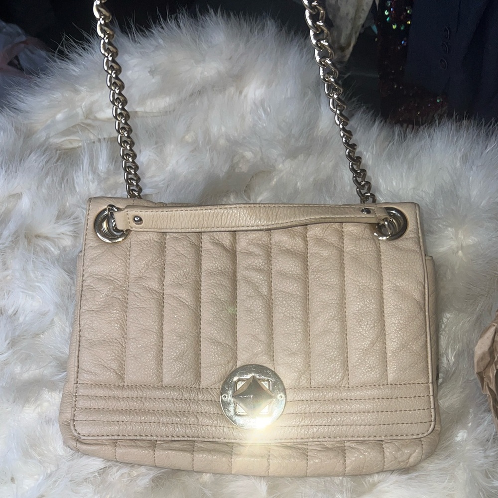 Kate Spade XL Nude Tan Beige Quilted Leather Shoulder Bag Chain Strap Crossbody